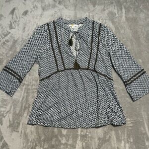 Boden Geometric Print Blouse Top Women’s 12P Petite Blue Brown 3/4 Sleeve